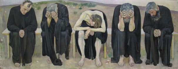 5 men sitting on a bench in Hodler's painting