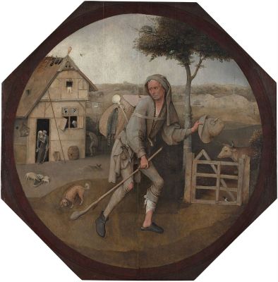 A pedlar starting his virtuous path in life in the Bosch painting.